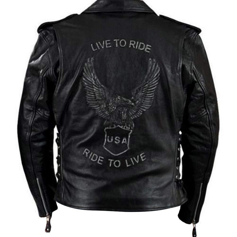 Men's Premium Leather Black Embossed Eagle Motorcycle Jacket – Vintage ...