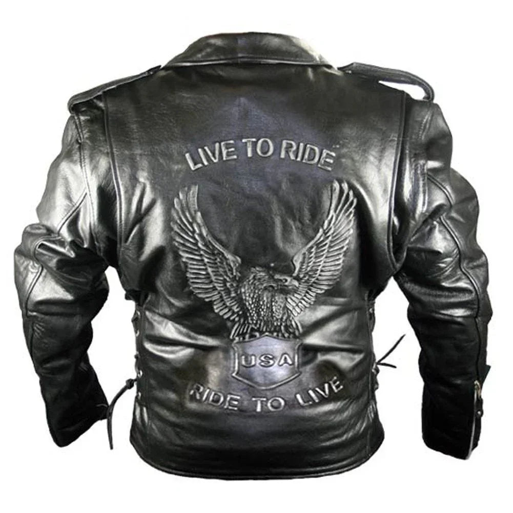men's premium leather black embossed eagle motorcycle jacket -