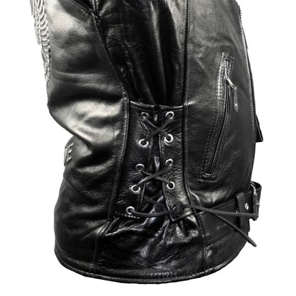 men's premium leather black embossed eagle motorcycle jacket -