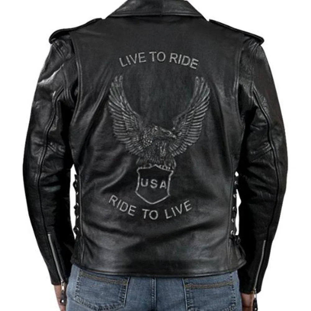 men's premium leather black embossed eagle motorcycle jacket -
