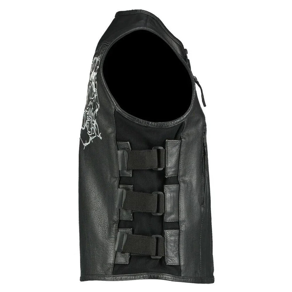 men’s reflective evil triple flaming skulls design motorcycle vest with straps -