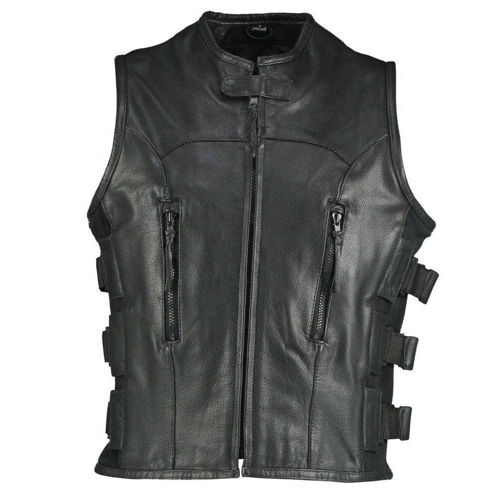 men’s reflective evil triple flaming skulls design motorcycle vest with straps -
