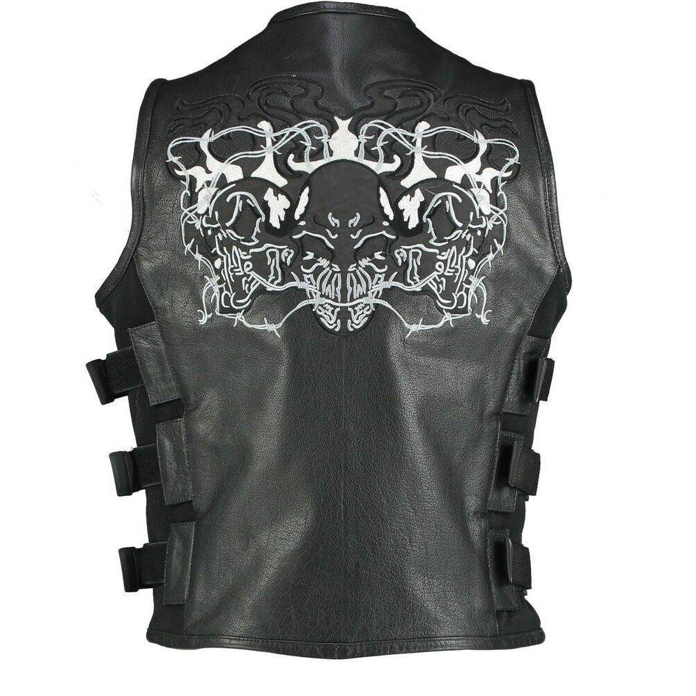 men’s reflective evil triple flaming skulls design motorcycle vest with straps -