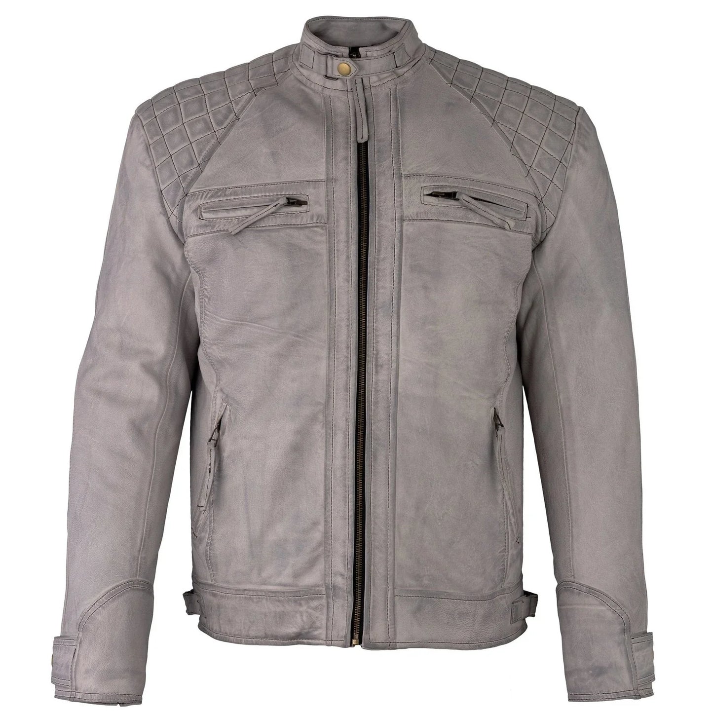 mens retro vintage grey style zipped diamond casual biker leather jacket -