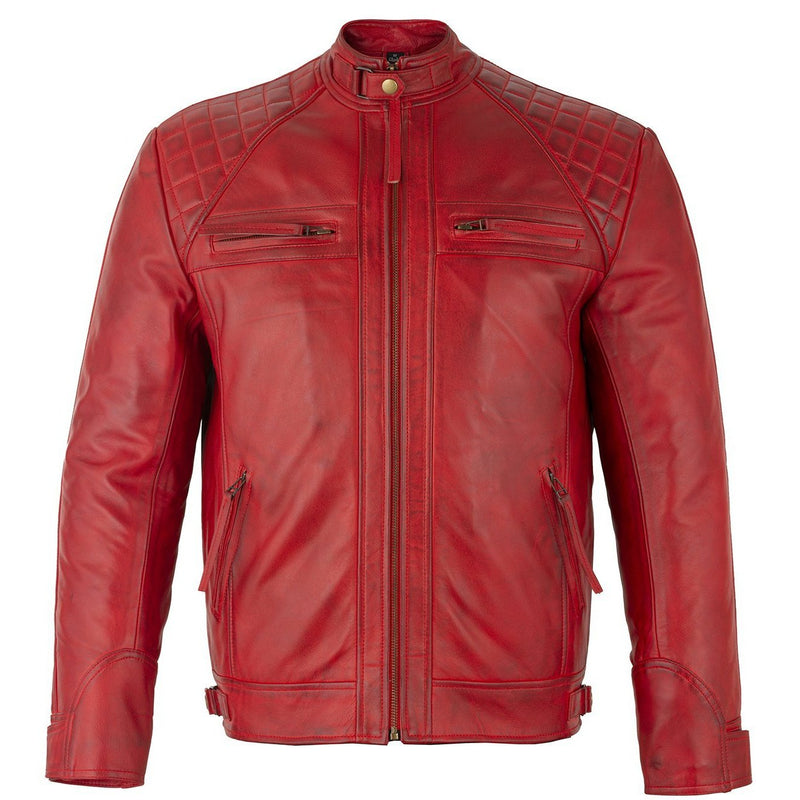 Mens Retro Vintage Red Zipped Diamond Leather Jacket -