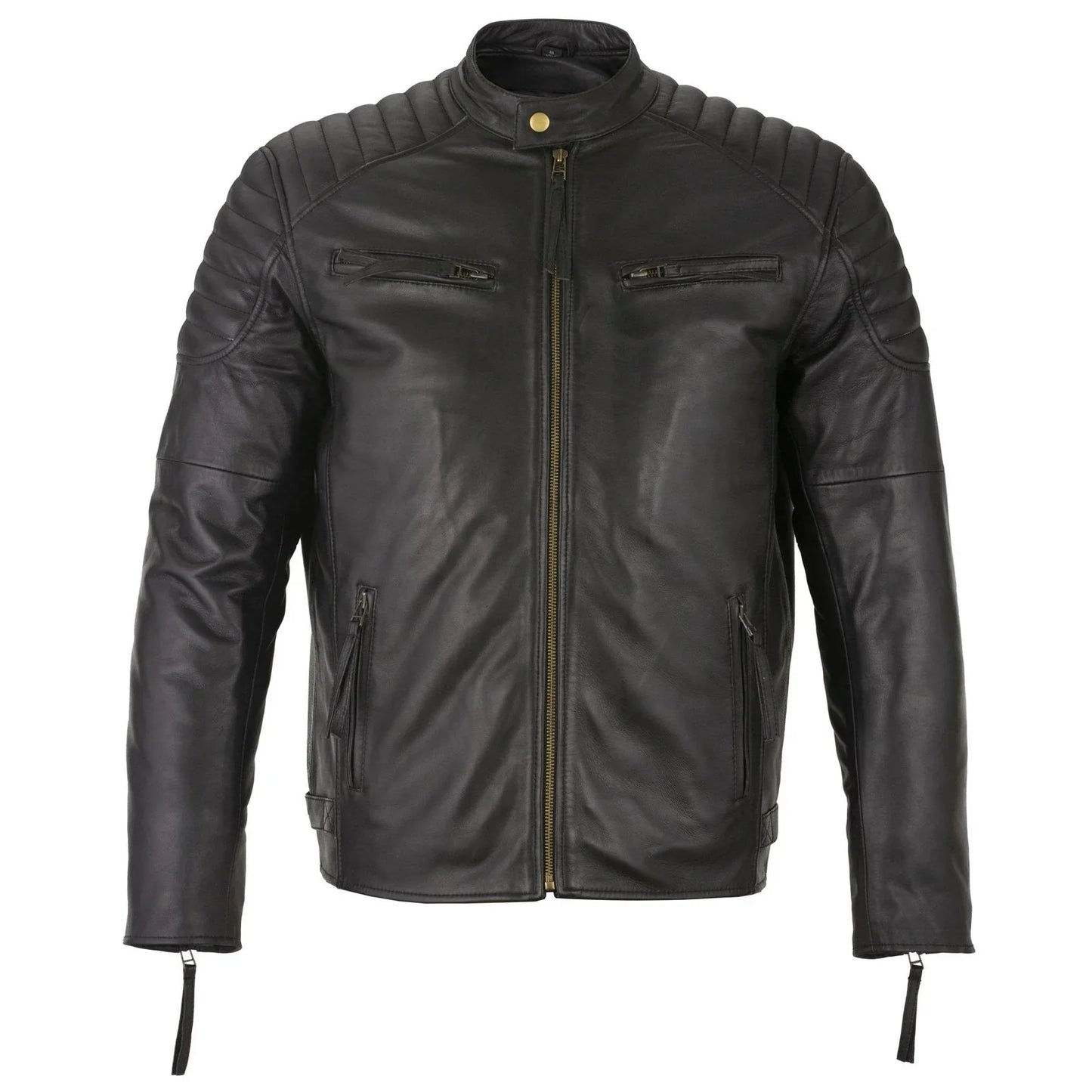 mens slim fit retro style biker black leather jacket - ivar -
