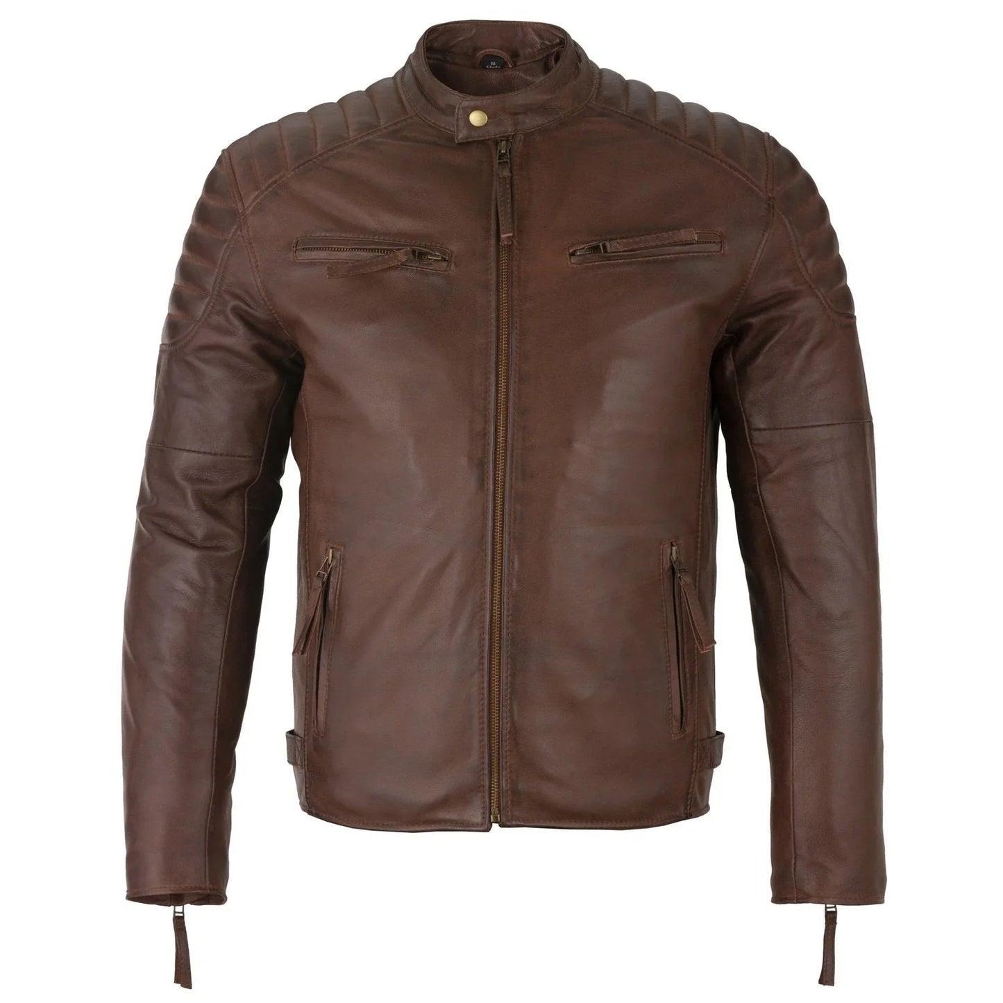mens slim fit retro style biker brown leather jacket - ivar -