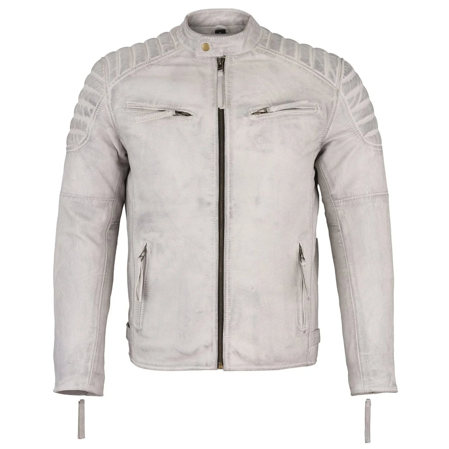 mens slim fit retro style biker grey leather jacket - ivar -