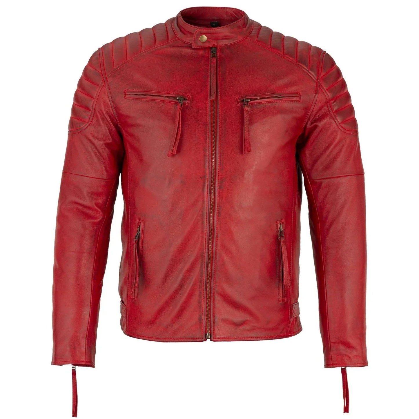 mens slim fit retro style biker red leather jacket - ivar -