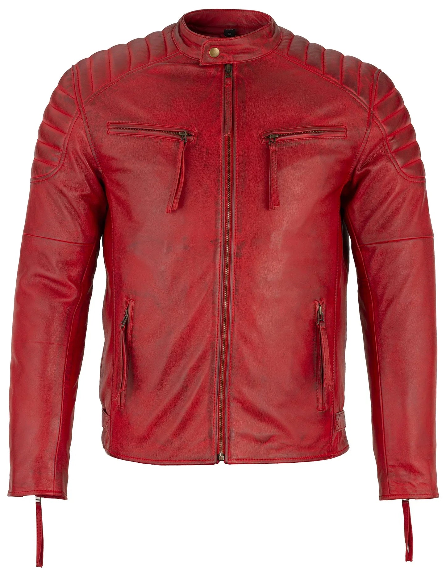 mens slim fit retro style zipped biker jacket real washed leather tan, vintage brown & red -