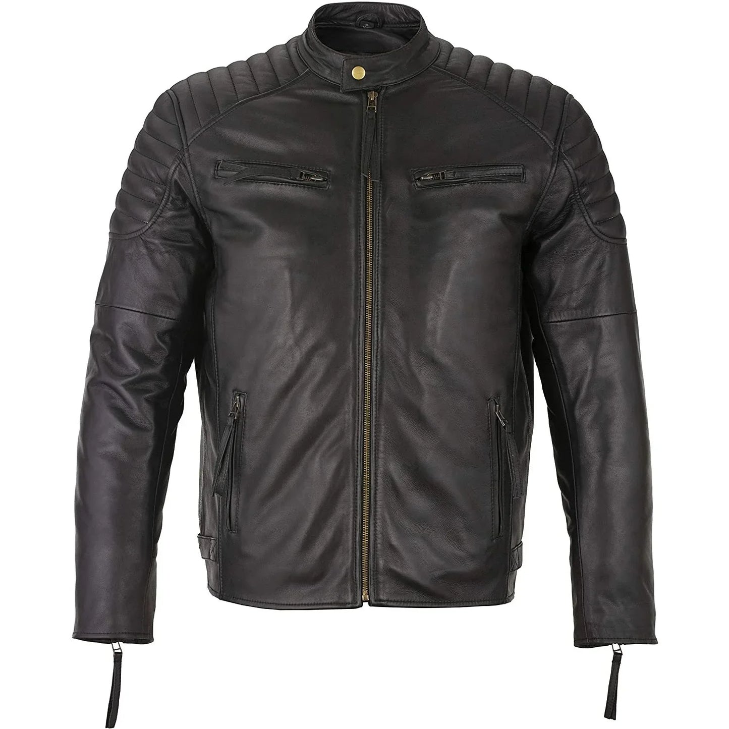 mens slim fit retro style zipped biker jacket real washed leather tan, vintage brown & red -