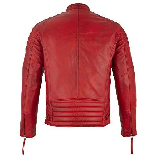 Mens Slim Fit Retro Style Zipped Biker Jacket Real Washed Leather Tan, Vintage Brown & Red -