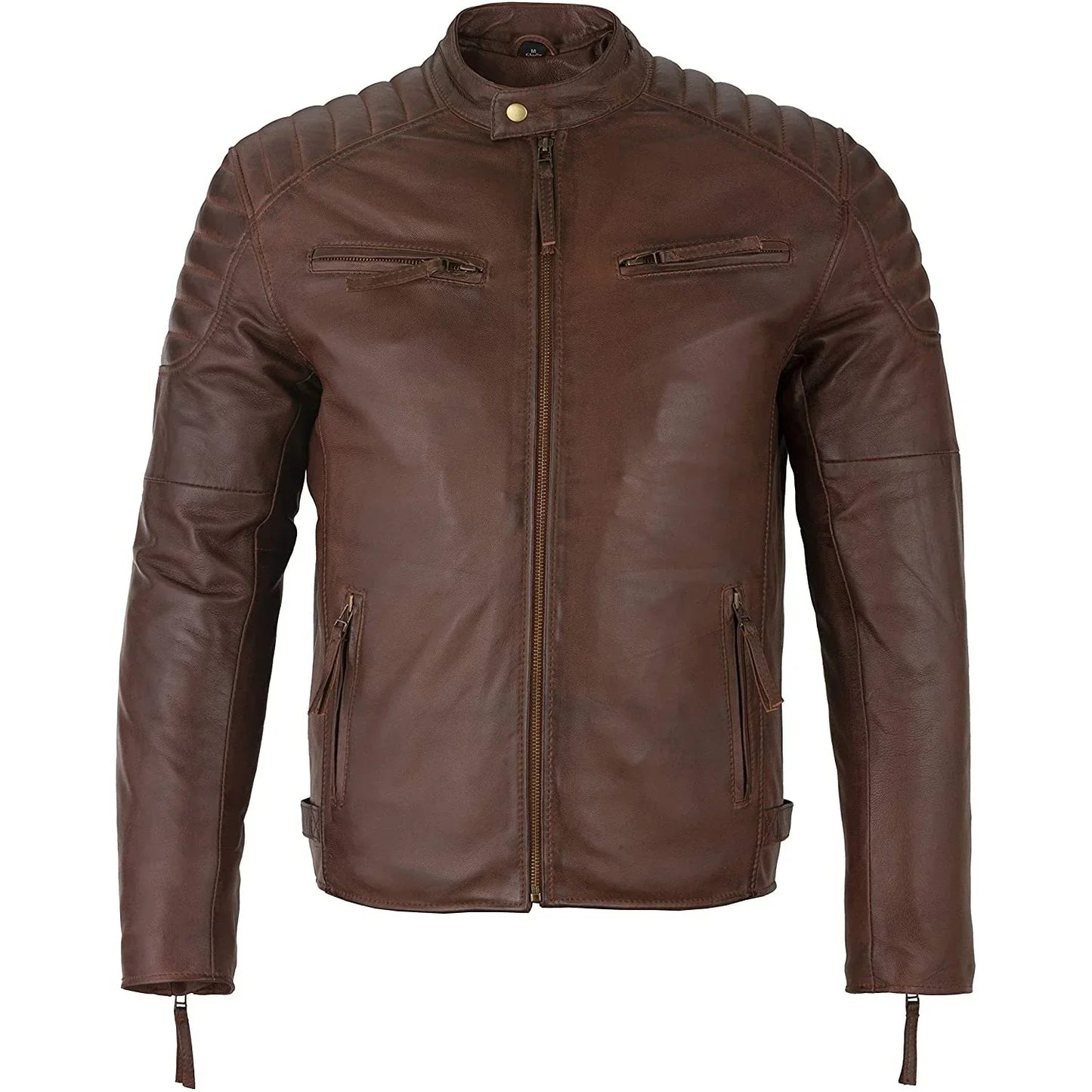 mens slim fit retro style zipped biker jacket real washed leather tan, vintage brown & red -