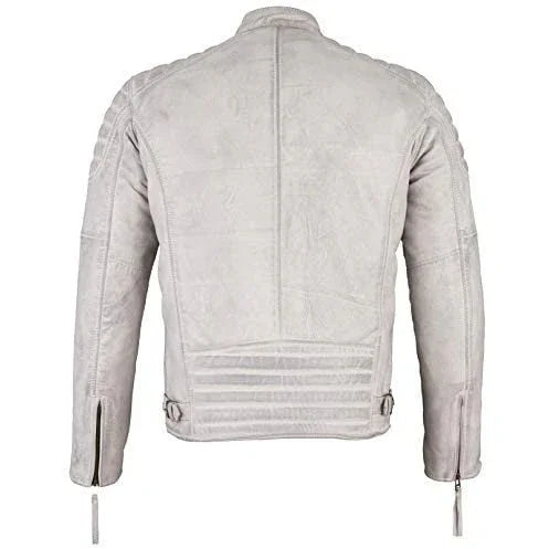 Mens Slim Fit Retro Style Zipped Biker Jacket Real Washed Leather Tan, Vintage Brown & Red -