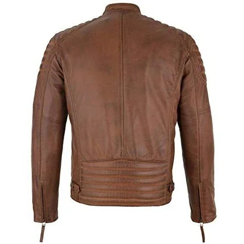 mens slim fit retro style zipped biker jacket real washed leather tan, vintage brown & red -