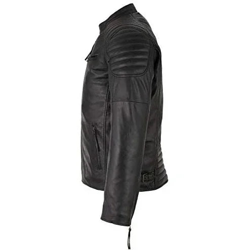 mens slim fit retro style zipped biker jacket real washed leather tan, vintage brown & red -