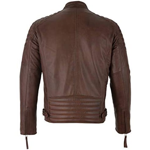 Mens Slim Fit Retro Style Zipped Biker Jacket Real Washed Leather Tan Vintage Brown Red