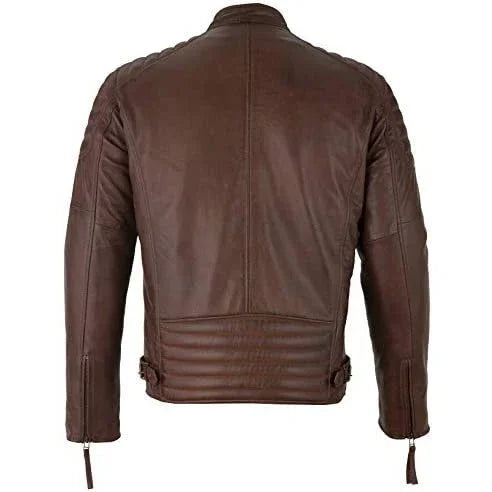mens slim fit retro style zipped biker jacket real washed leather tan, vintage brown & red -