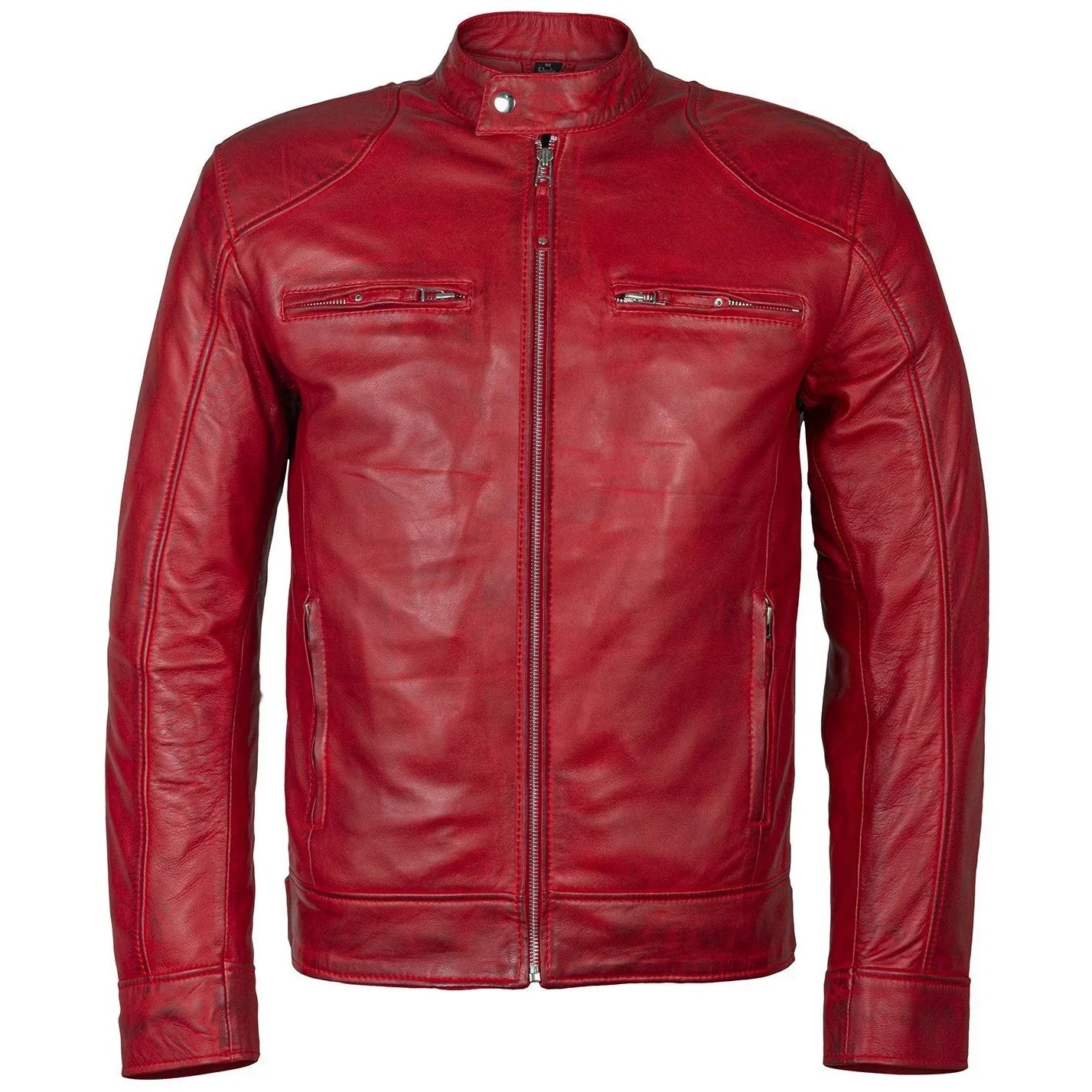 men's slim fit sword cafe racer red soft leather jacket -