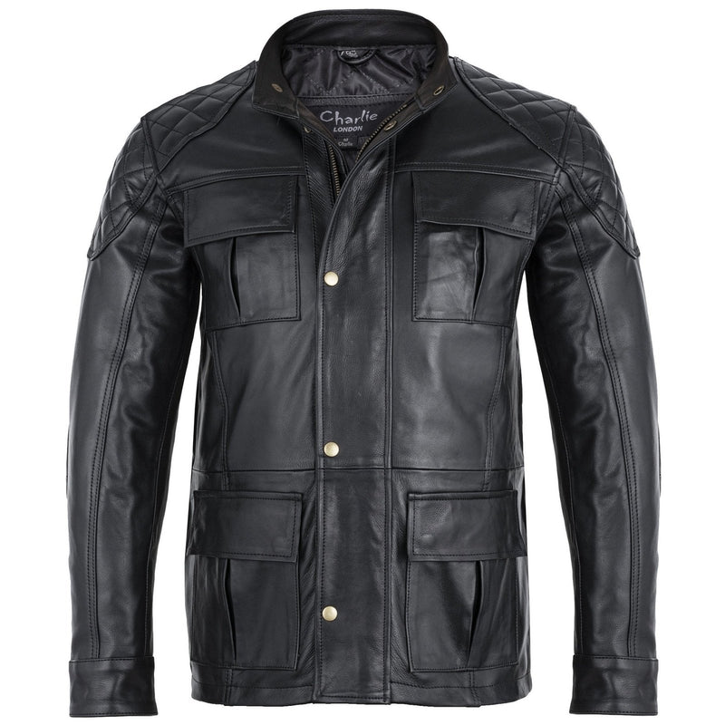 Mens Soft Black Leather Biker Long Jacket - Three Quarter Jackets -