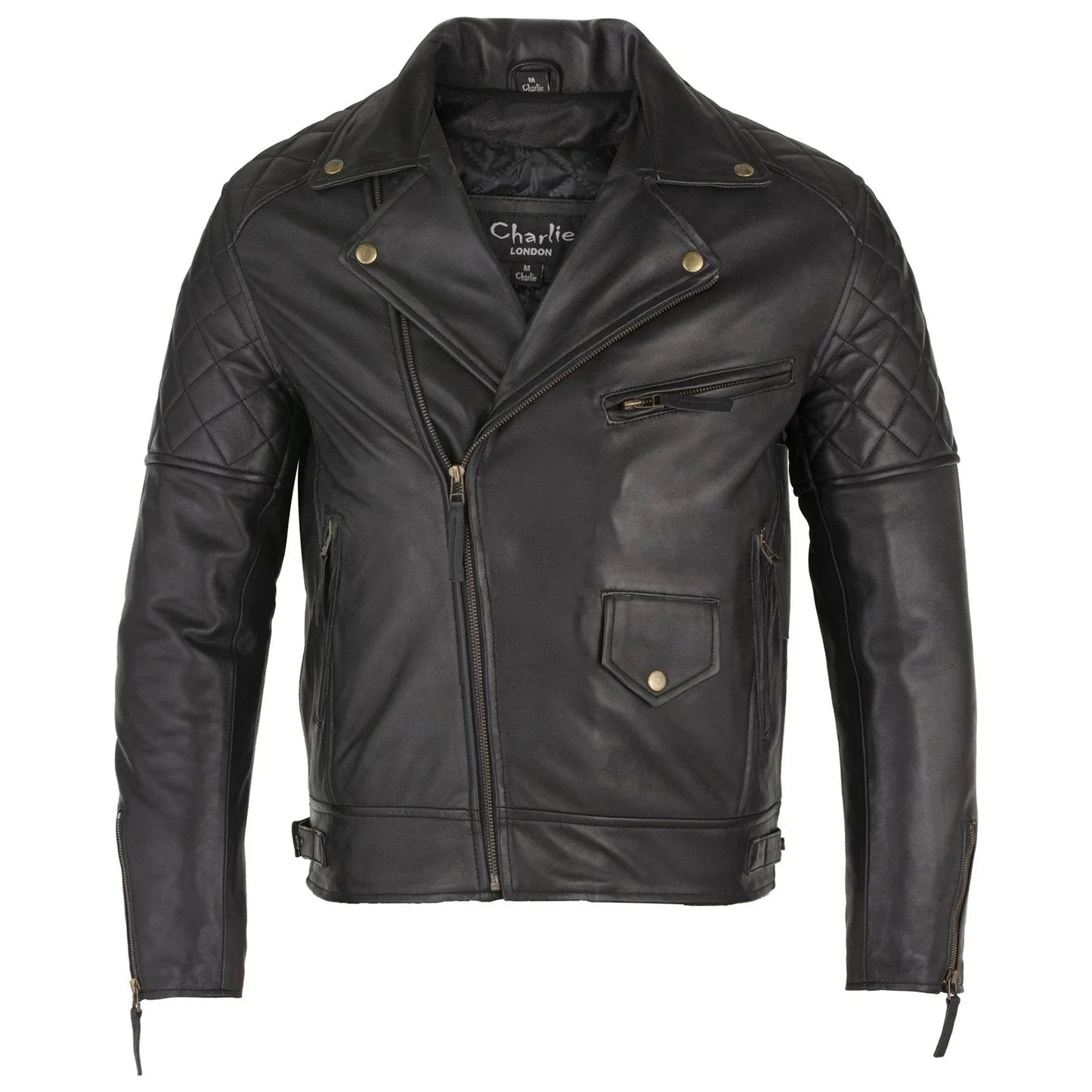 mens soltau diamond biker style black leather jacket -