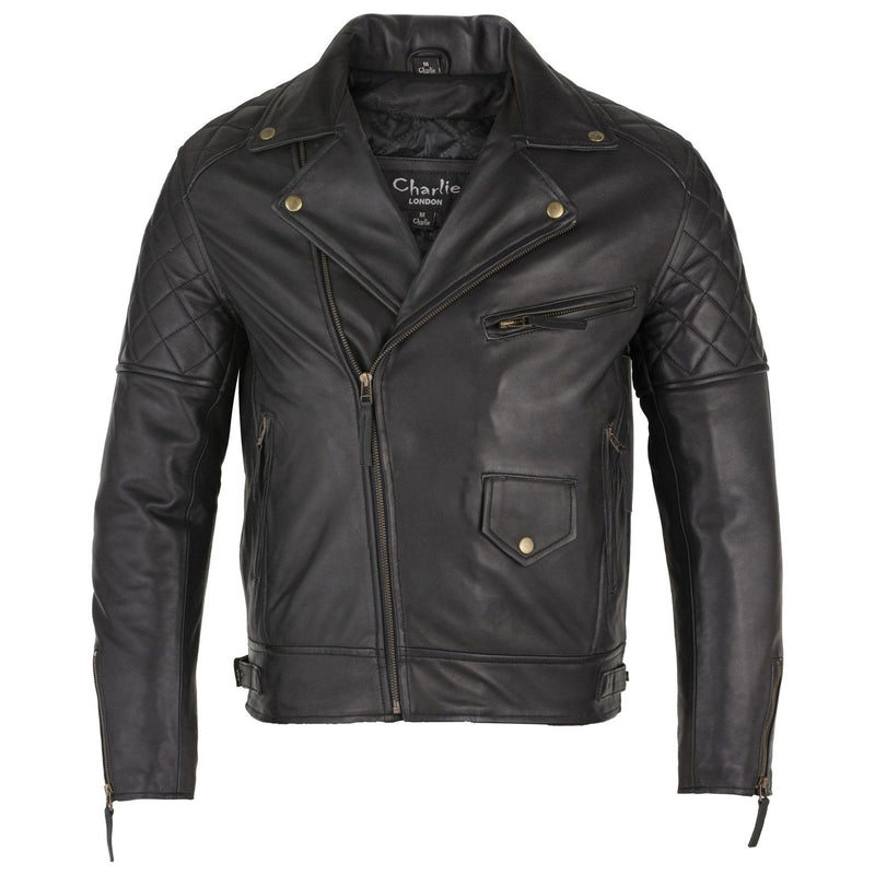 Mens Soltau Diamond Biker Style Black Leather Jacket -
