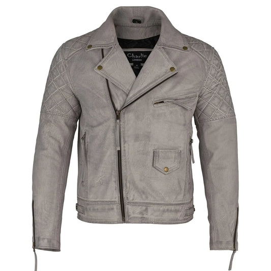 Mens Soltau Diamond Biker Style Grey Leather Jacket -