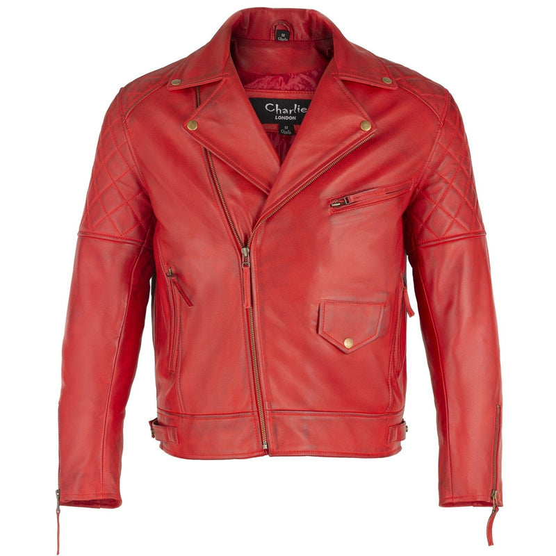 Mens Soltau Diamond Biker Style Red Leather Jacket -