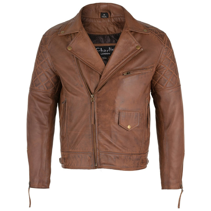 Mens Soltau Diamond Biker Style Tan Leather Jacket -