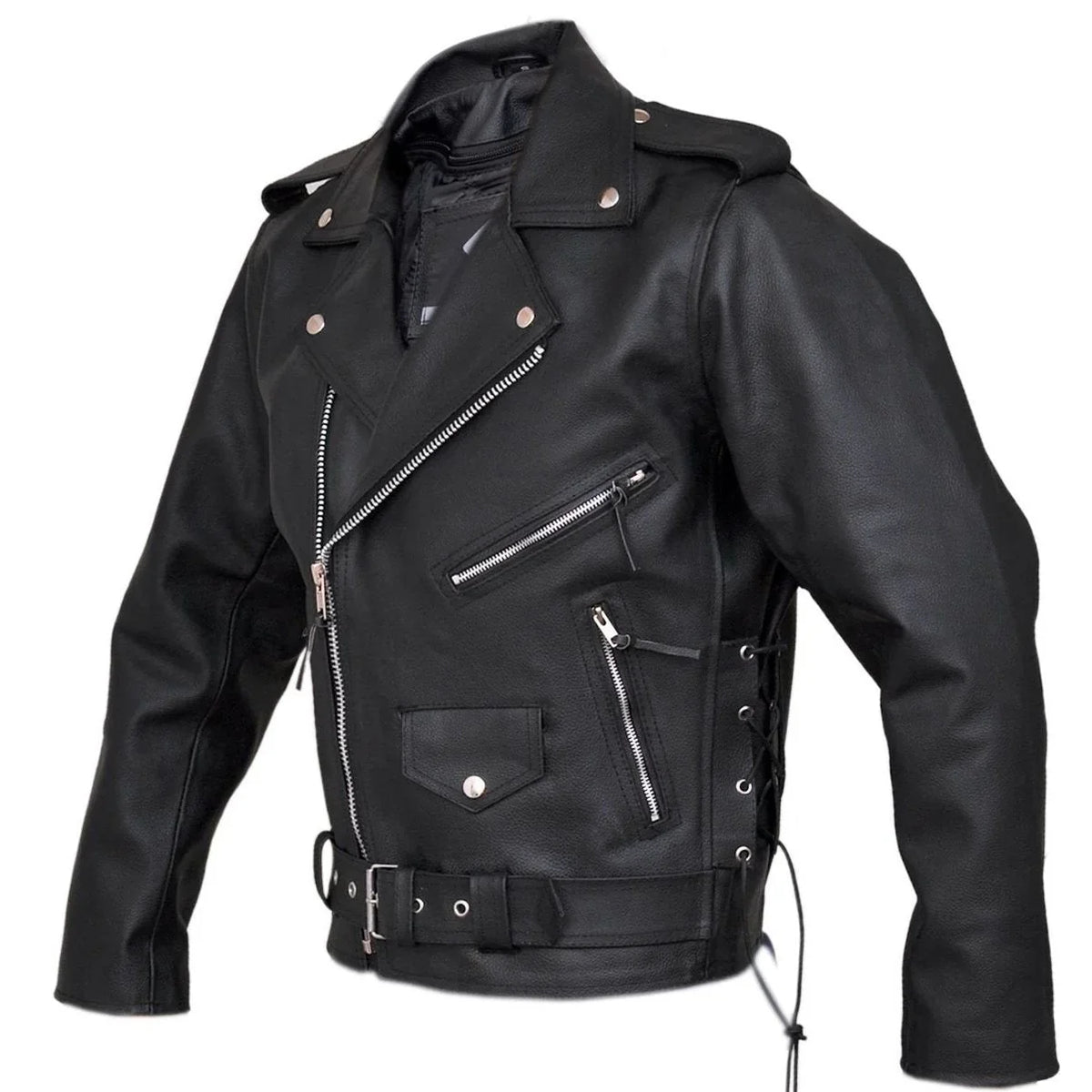 Black leather motorcycle jacket - angled front view