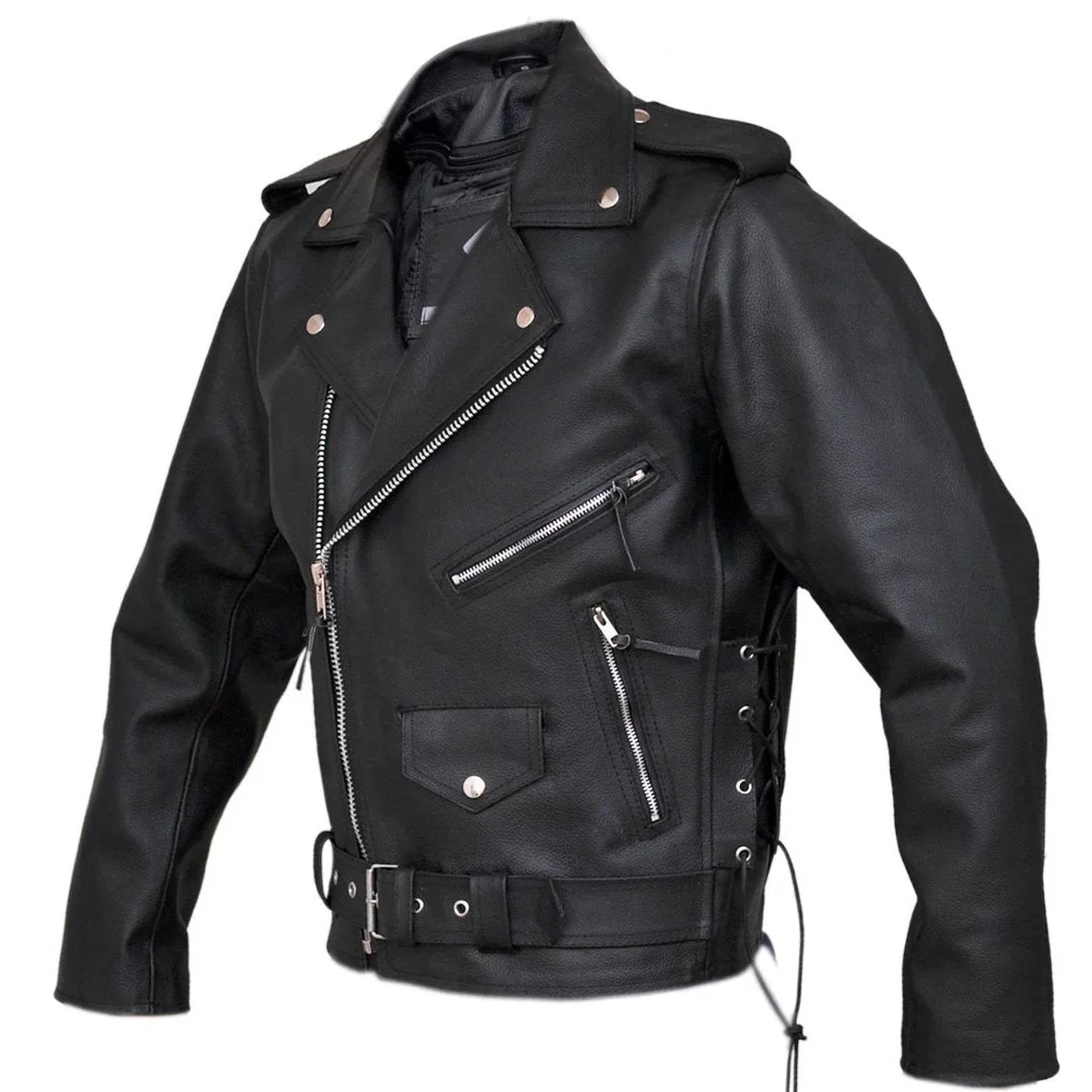 mens split cowhide brando belted biker jacket -