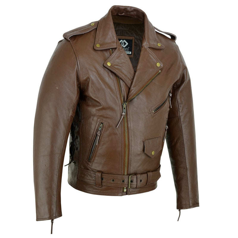 Mens Full Grain Cowhide Brando Belted Biker Leather Jacket Black Brown ...