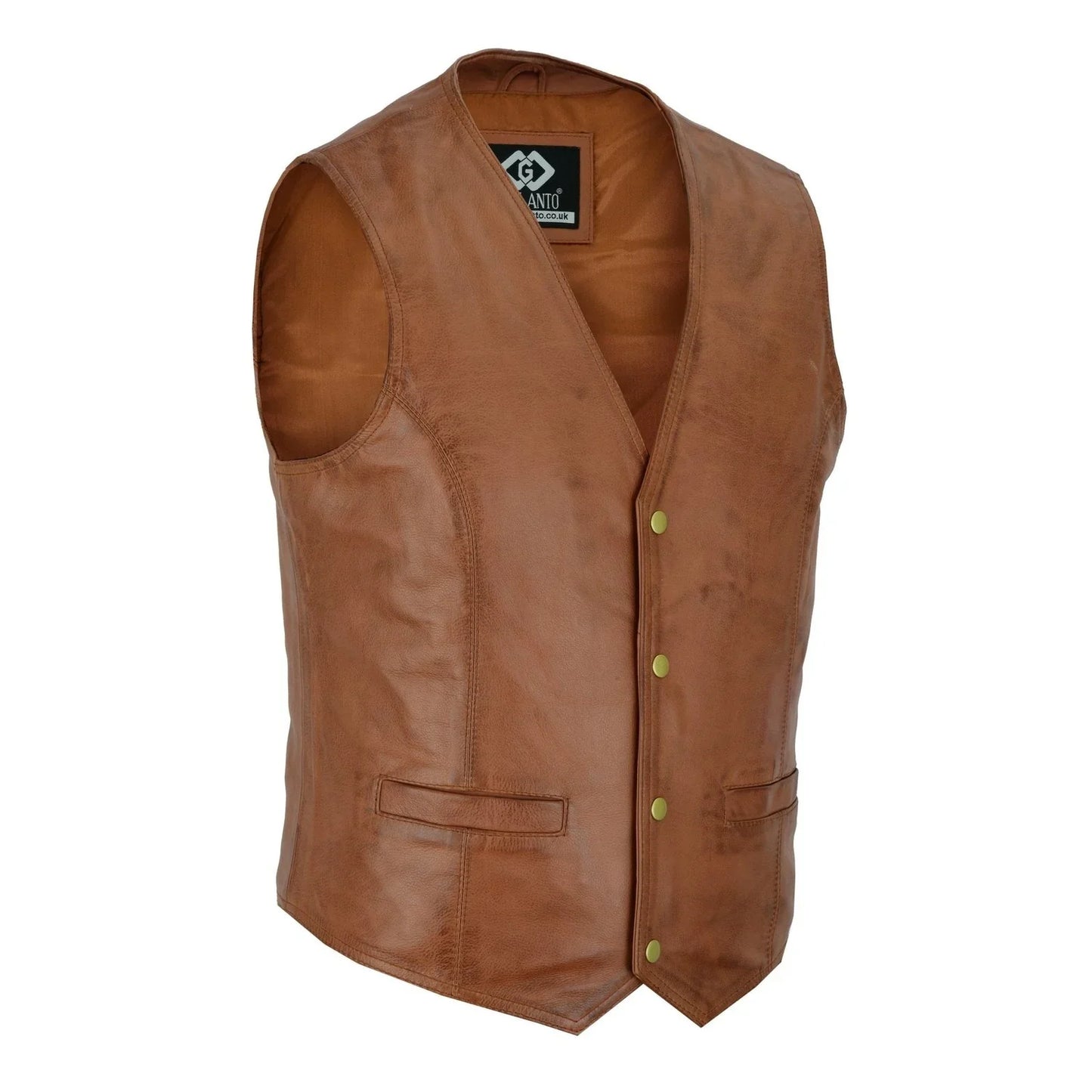 mens tan leather waistcoat vest with snap button -