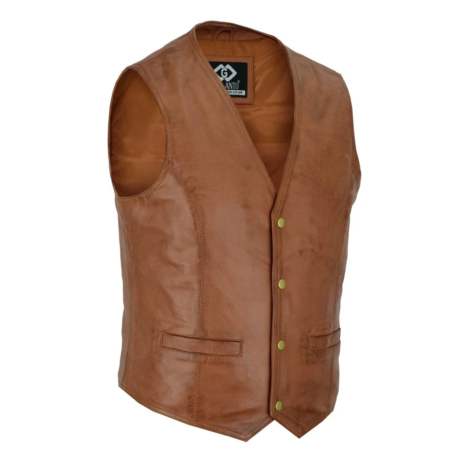 Mens Tan Leather Waistcoat Vest with Snap Button -