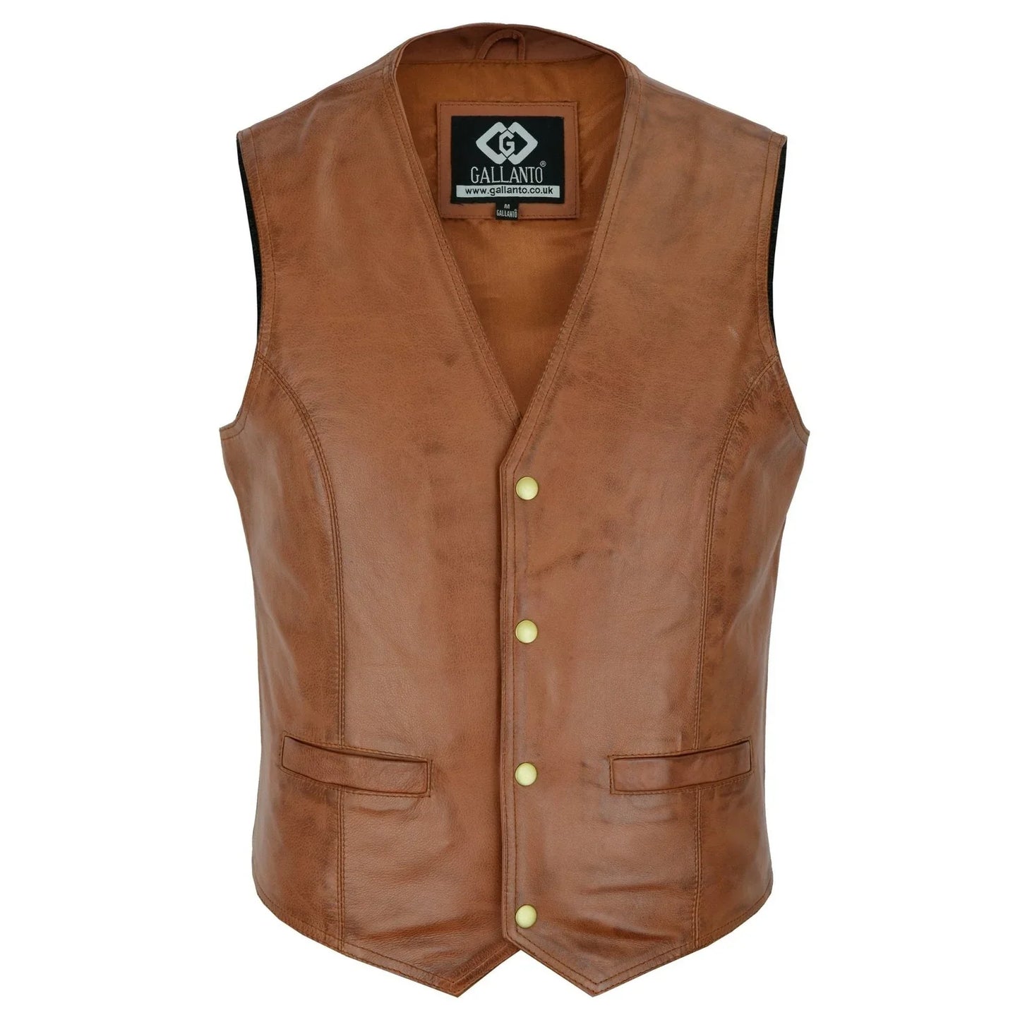 mens tan leather waistcoat vest with snap button -