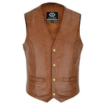 Mens Tan Leather Waistcoat Vest with Snap Button -