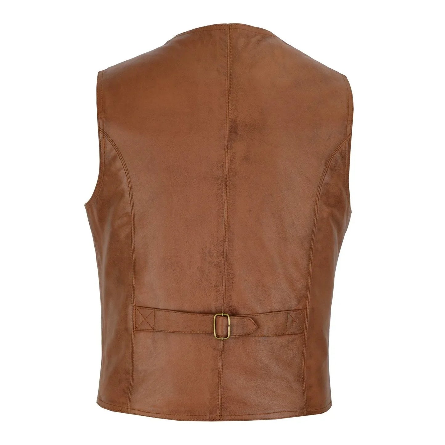 mens tan leather waistcoat vest with snap button -