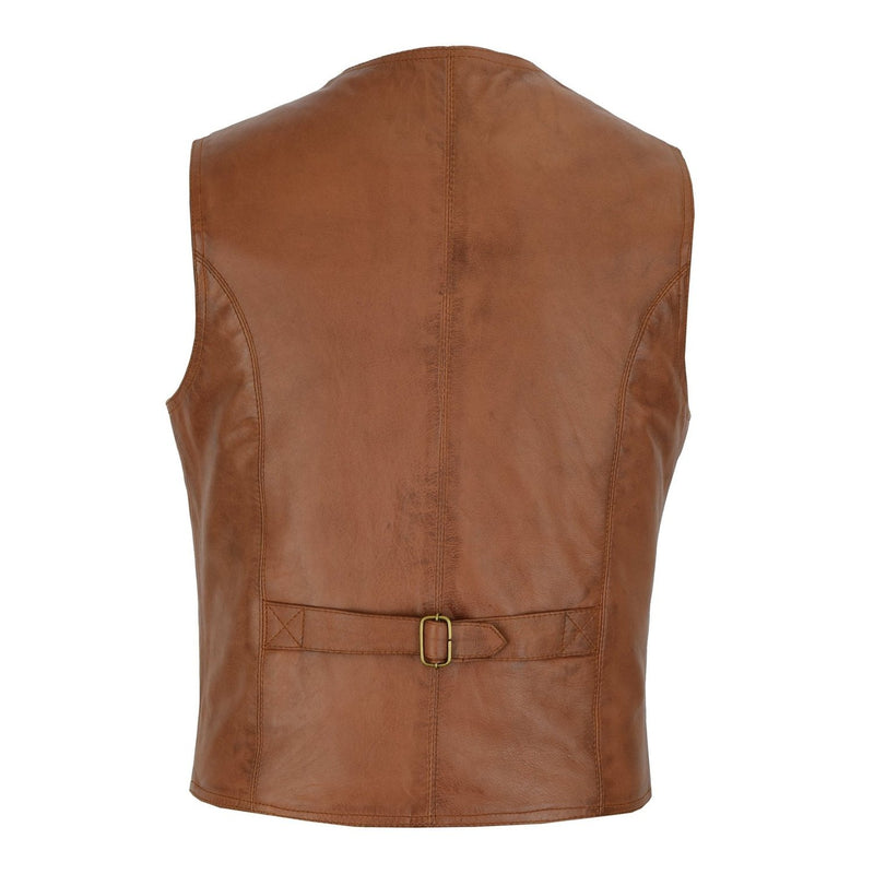 Mens Tan Leather Waistcoat Vest with Snap Button -