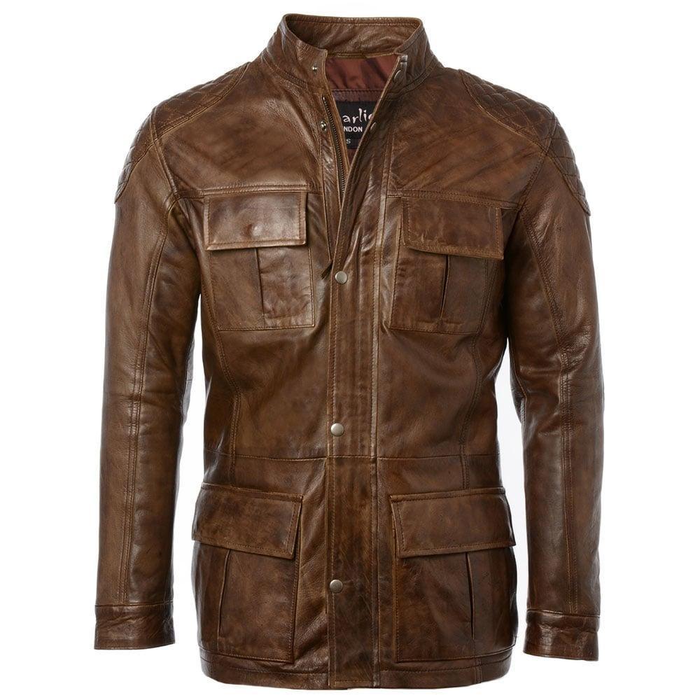men's vintage brown racing long hip length leather jacket -