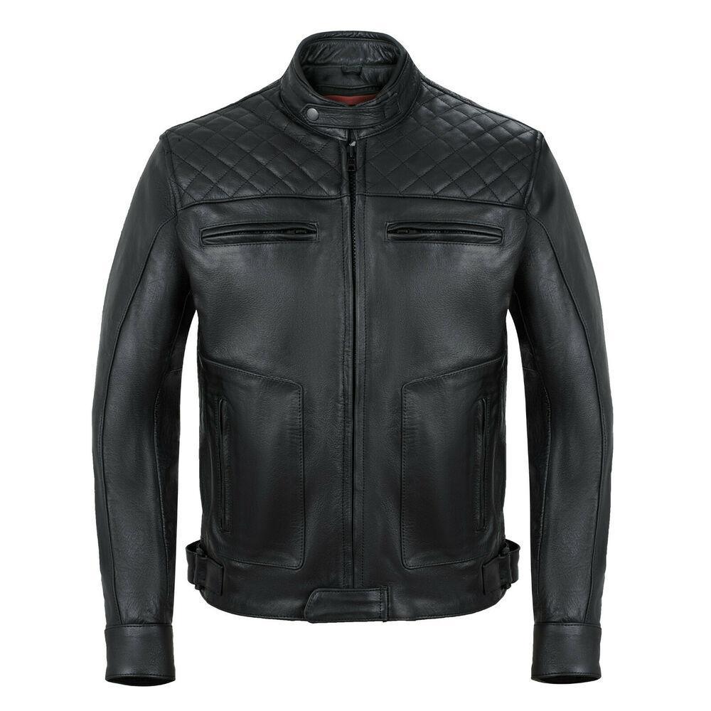 mens's black motorcycle diamond leather jacket ce protection cowhide -