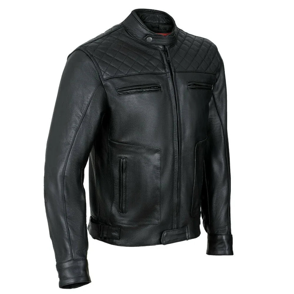 mens's black motorcycle diamond leather jacket ce protection cowhide -