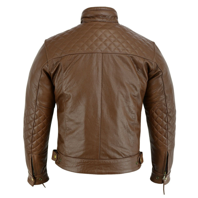 Mens's Brown Motorbike Motorcycle Diamond Leather Jacket CE Protection Cowhide -