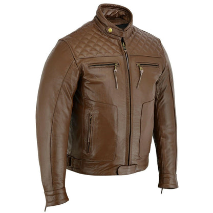 Mens's Brown Motorbike Motorcycle Diamond Leather Jacket CE Protection Cowhide -