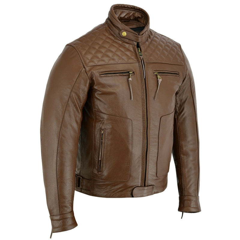 Mens's Brown Motorbike Motorcycle Diamond Leather Jacket CE Protection Cowhide -