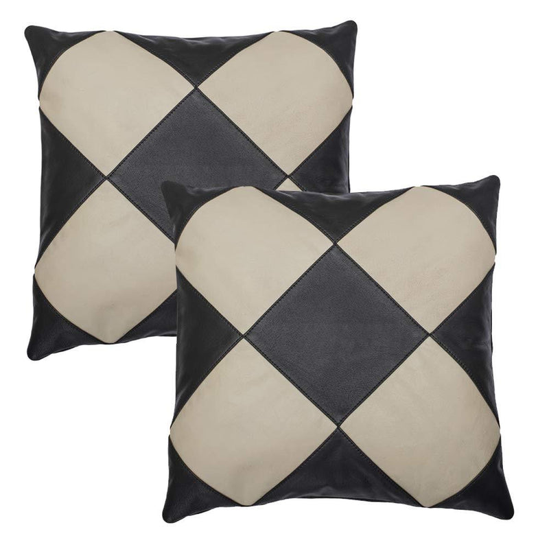 Pair of Black and Cream Diamond Leather Cushion Covers -