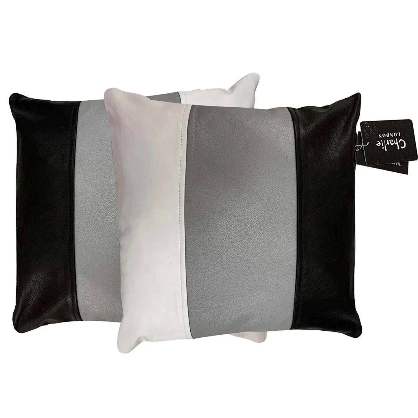 pair of striped grey and white real leather cushion covers -