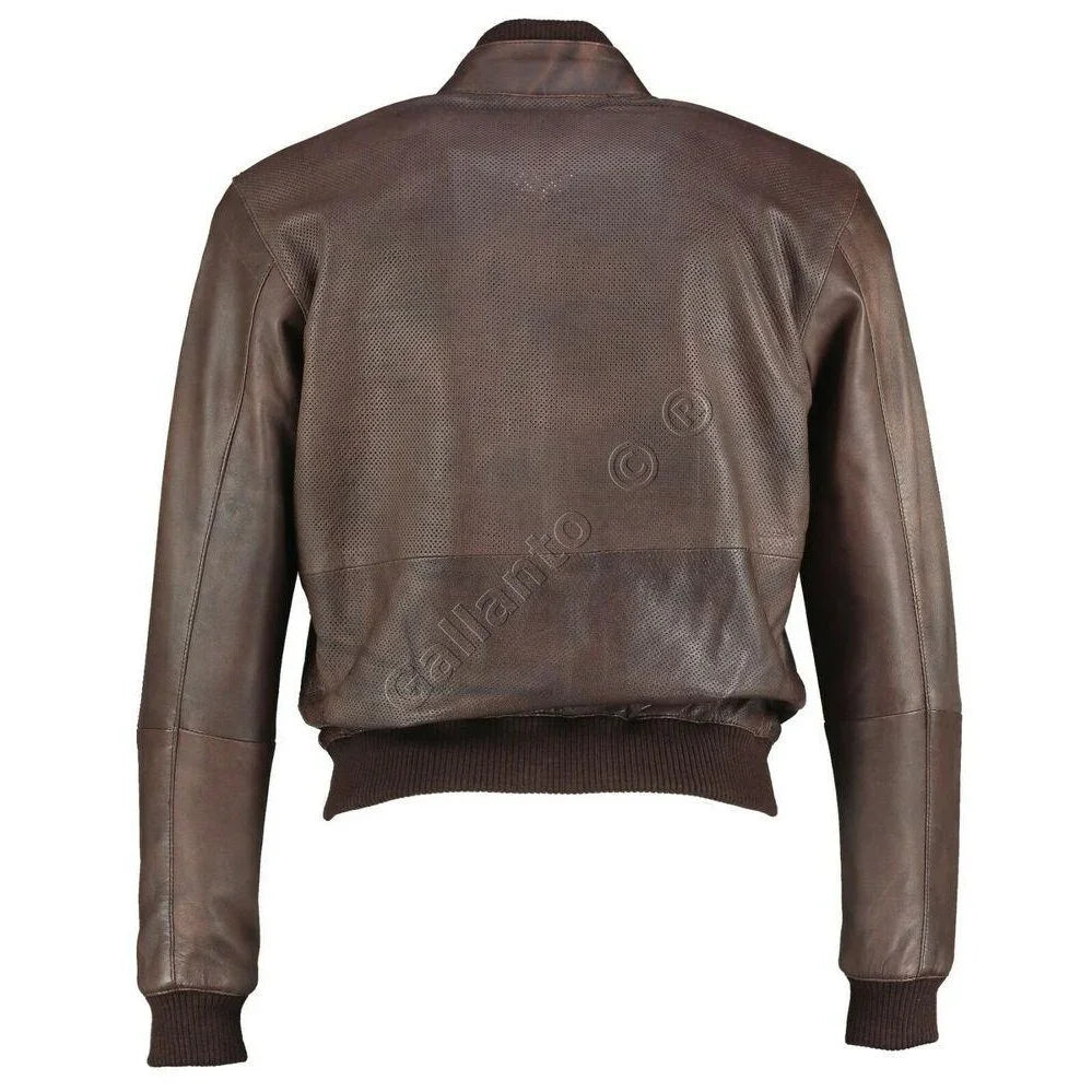 perforated brown bomber vintage motorcyle leather jacket -