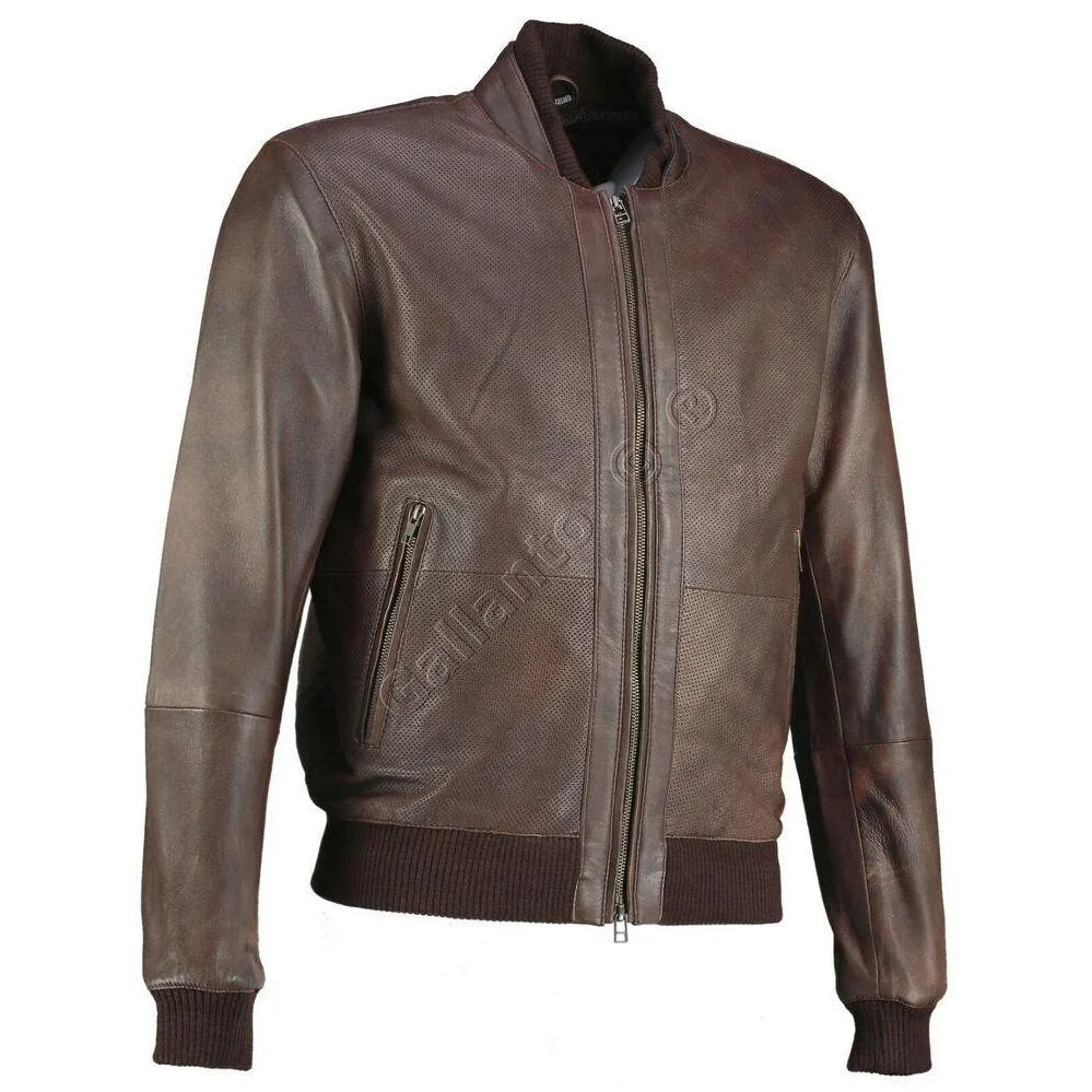perforated brown bomber vintage motorcyle leather jacket -