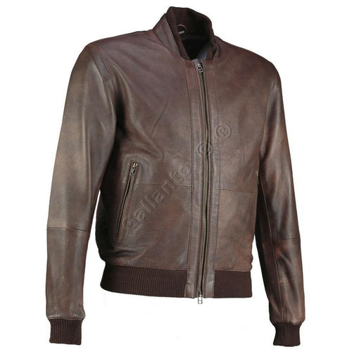 Perforated Brown Bomber Vintage Motorcyle Leather Jacket -