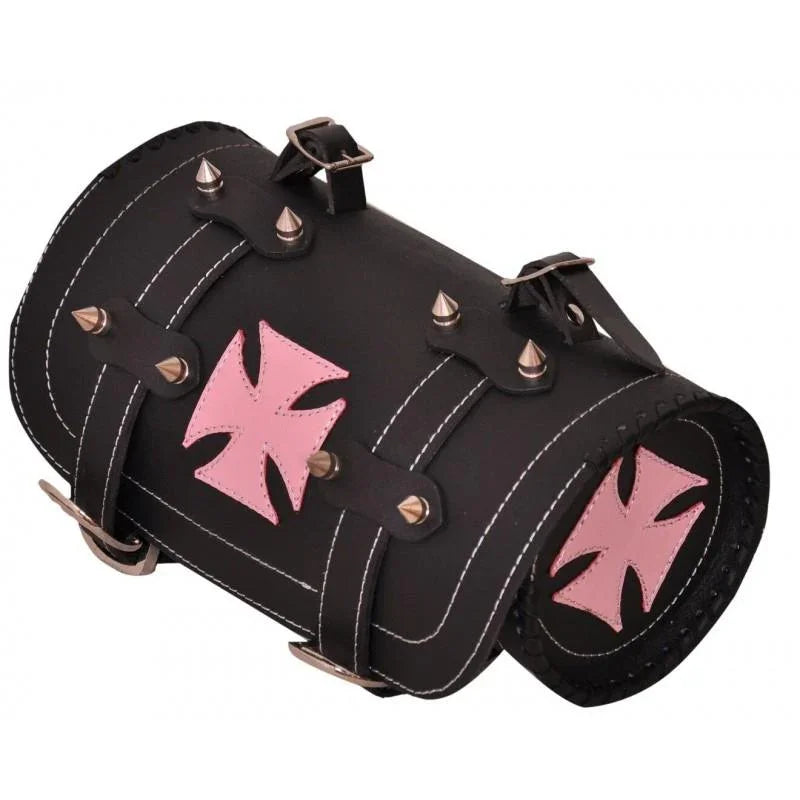 pink iron cross gothic motorcycle biker leather tool rool bag -